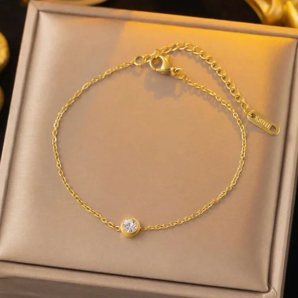 Gold Bezel Crystal Necklace & Bracelet Set | Stainless Steel | Adjustable Set - Picture 3 of 5
